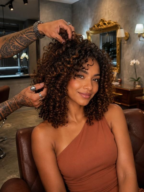 Corte para cabelo cacheado realizado no Fidalgos Studio em Copacabana