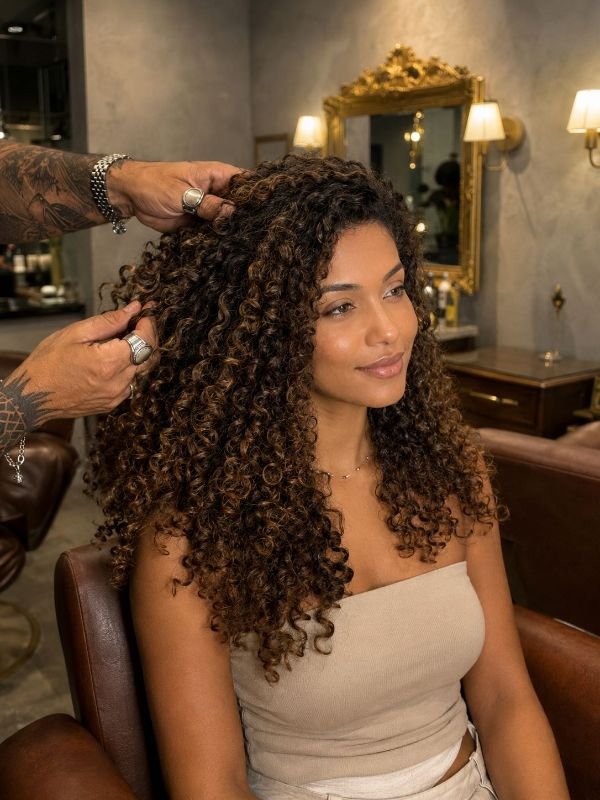 Tratamento para cabelo cacheado realizado no Fidalgos Studio em Copacabana