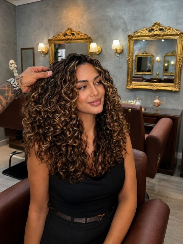 Coloração em cabelo cacheado realizada no Fidalgos Studio em Copacabana