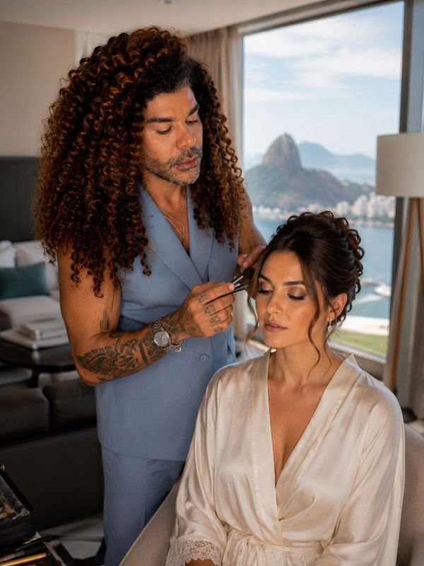 Atendimento externo de maquiagem e penteado realizado por Edu Costa