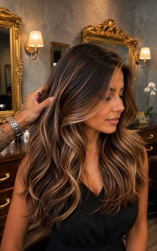 Mechas em cabelo colorido realizadas no Fidalgos Studio em Copacabana