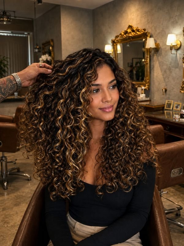Mechas em cabelo cacheado realizadas no Fidalgos Studio em Copacabana