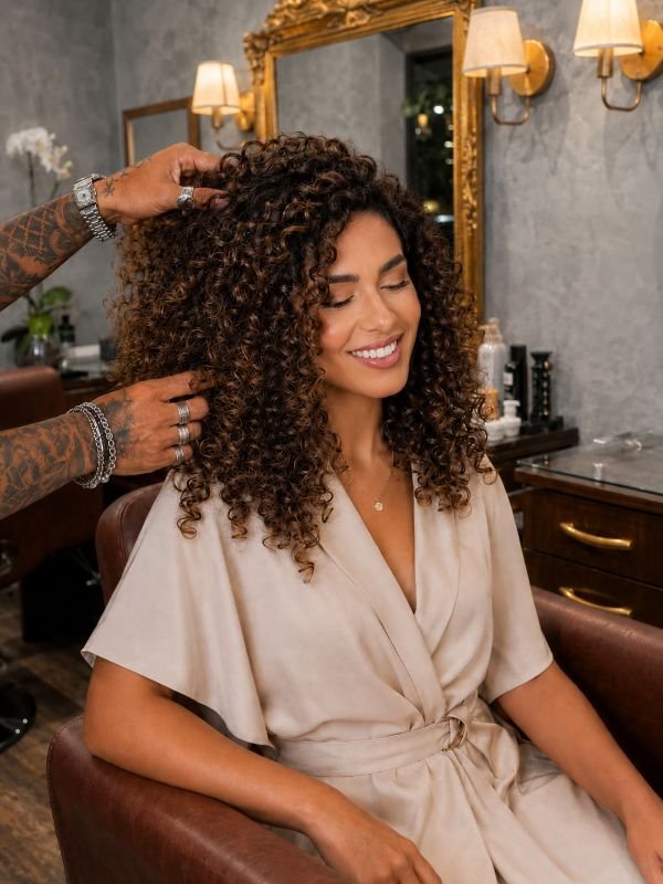 Tratamento para cabelo cacheado realizado no Fidalgos Studio em Copacabana